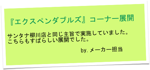 『エクスペンダブルズ』コーナー展開　

サンタナ柳川店と同じ主旨で実施していました。
こちらもすばらしい展開でした。

　　　　　　　　　　　　　by.メーカー担当