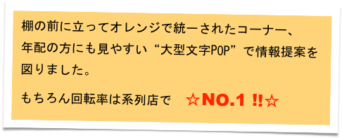 棚の前に立ってオレンジで統一されたコーナー、
年配の方にも見やすい“大型文字POP”で情報提案を
図りました。
もちろん回転率は系列店で　☆NO.1 !!☆